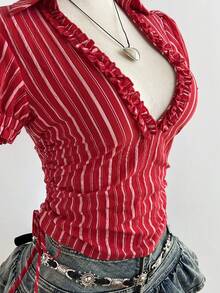 Elamini 性感修身荷叶边深V领收腰条纹短袖衬衫 - 紅色 - 查看 4