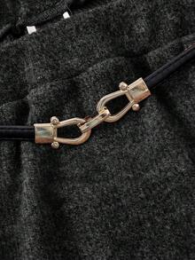 SHEIN MOD 加大码黑色高腰A字裙，配金属腰带，针织抓绒面料，适合秋冬季节和春季穿着。 - 黑色 - 查看 3