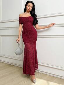 Modelyn Đầm ren trễ vai xếp ly ôm sát dáng đuôi cá thanh lịch dành cho nữ - Màu Đỏ Sâu - Xem 6