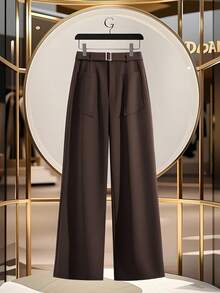 SHEIN Tall 女士时尚口袋装饰收腰阔腿直筒裤，优雅百搭 - 咖啡棕 - 查看 7