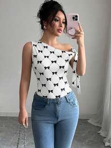 SHEIN Elenzya Tie Shoulder Bowknot Tight-Fitting Bestselling White Base Black Butterfly Print Casual T-Shirt - Black and White - View 6