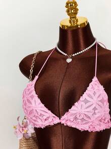 Amplova Romantic Boho Vacation New Textured Fabric Triangle Cup Bralette Top & Low Waist Mini Skirt Women 2-Piece Set Short Skirt Two Piece Set 2 Piece Sets Woman Lace Two Piece Set Bikini Skirt Set - Pink - View 5