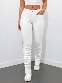 SHEIN Tall Quần jeans ống loe dáng ôm, màu trơn đơn giản dành cho nữ, có túi xéo. - trắng - Xem 3