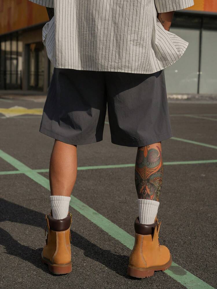 Men's Grey Elastic Waist Decorative Line Casual Shorts, Summer