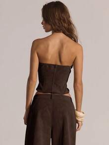 MUSERA 带钢骨拉链无肩带麂皮紧身胸衣上装，适合冬季休闲外出、性感日常、夜间外出、可爱节日、派对、春夏庆典等场合。 - 棕色 - 查看 4