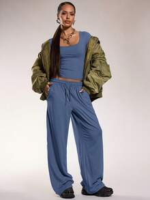 Normani 2pcs/Set Summer Casual Solid Color Short Sleeve T-Shirt And Pants - Blue - View 4