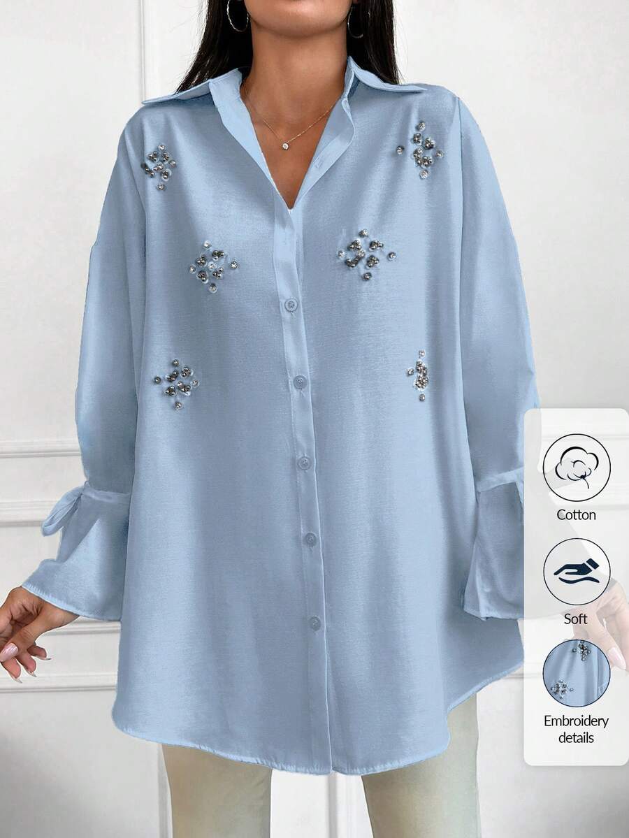 EURMUSE Cotton Pearls Beaded Knot Cuff Drop Shoulder Shirt Brunch Office Light Blue Autumn Smart Casual Elegant - Baby Blue - View 1