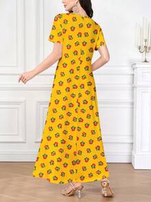 Al Najma Women's Ditsy Floral V-Neck Short Sleeve Dress, Elegant, Spring/Summer Yellow Dress Women Floral Print Dress, Yellow Maxi Dress Women, Yellow Flower Dress Fruit Dress - Multicolor - View 2