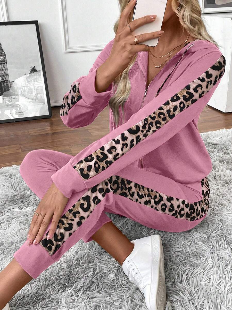 EURMUSE 2pcs Women Leopard Print Zip-Up Hooded Long Sleeve Top And Pants Set - Rusty Rose - View 1
