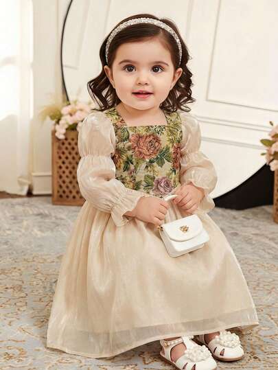 SHEIN 1 Piece Baby Girl Fit Cute Elegant Versatile Retro Patchwork Waist Puff Sleeve Long Dress Jacquard Splicing Mesh Palace Style Princess Dress, Comfortable Casual Versatile Fashion Everyday, Suitable For Birthday Parties, Evening Parties, Performances, Weddings, Baptisms, Opening Ceremonies Indoors, Outdoors, Daily, Sports, Play, Parties, Photos, Vacations, Festivals Suitable For Spring, Summer, Autumn And Winter Elegant Dress For Toddler Girl Dress For Toddler Princess Tan Toddler Beige Dress