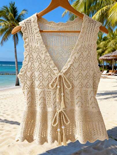 GlowEve Women's Solid Color V-Neck Tie Front Hollow Out Casual Versatile Cardigan, Suitable For Vacation Crochet Cover Up Crochet Top Women Beach Coverup Knitted Cover Up Bathing Suit Coverups