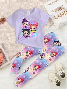 春夏休闲时尚创意个性清新简约可爱酷炫虚拟少女卡通人物彩色五角星星月菱形字母标语印花宽松基础款短袖T恤和打底裤套装，舒适日常穿着，适合春、夏、秋季女童卡通亲子装套装 - 彩色 - 查看 4