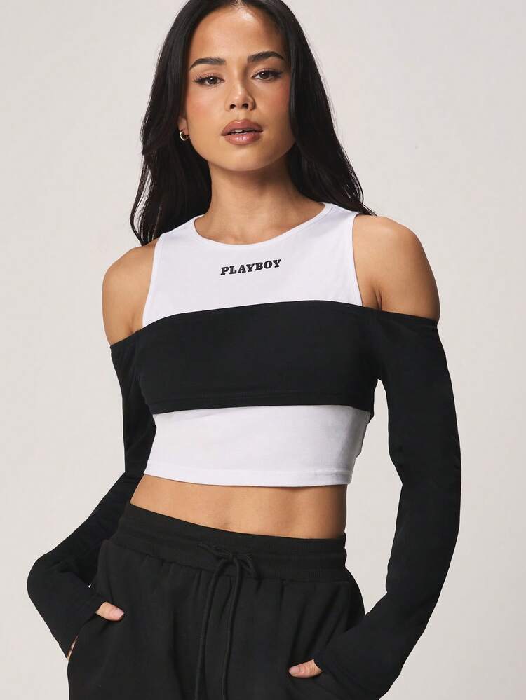 Missguided x Playboy Logo Color Block Tank Top With Off Shoulder Long Sleeve Layer Casual Crop Top For Fall Winter Everyday Wear