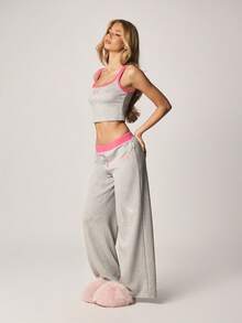 Missguided x Playboy Contrast Cami And Wide Leg Trouser Pajama Set With Pink Trim Details - Grey - View 5