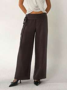 Aloruh Women's Brown Ultra Low Waist Pleated Tie Loose Straight Leg Pants, Spring/Summer - Brown - View 4