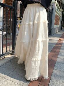 DAZY 女士纯色弹力腰多层荷叶边时尚半身裙 - 米色 - 查看 2