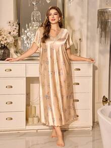 MuseNap CURVE 花卉印花仿丝绸撞色蕾丝边优雅大码睡裙 - 彩色 - 查看 5