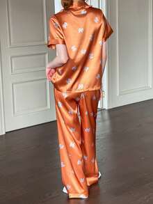 Dream Adore 2pcs Orange Women Sleepwear Set With Ruffle Collar, Bow Print And Short Sleeve - Orange - View 2