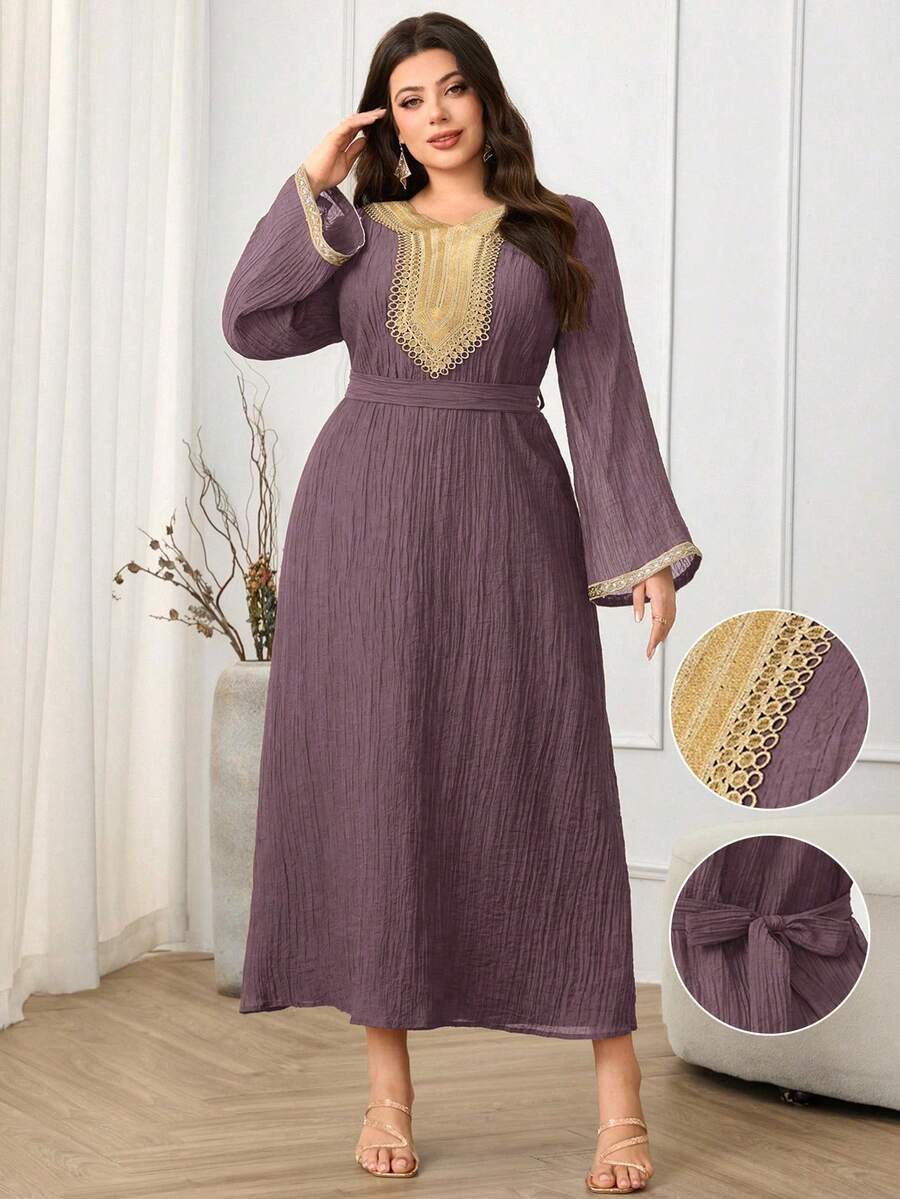 Al Najma Gaun Wanita Ukuran Besar Elegan Gaya Arab dengan Hiasan Pita dan Lengan Lonceng - Purple - View 1