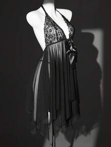 SHEIN Bộ 2 món áo ngủ ren phối ren cổ điển gợi cảm dành cho nữ - màu đen - Xem 8