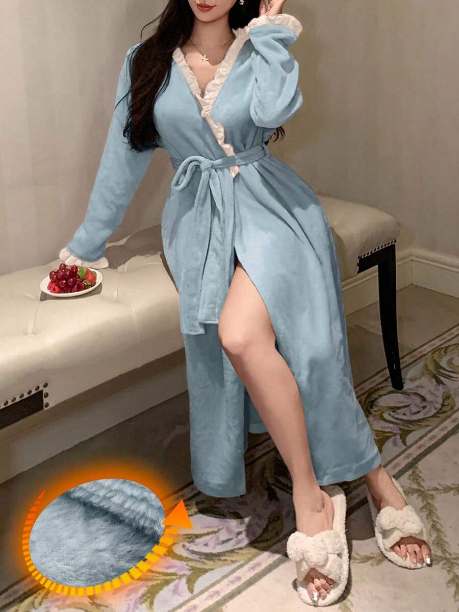 DAZY Women's Plush Contrast Color Ruffle Trim Bathrobe, Winter - Blue - View 1