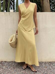 DAZY Women's Elegant Solid Color Asymmetric Vest & Skirt 2 Pieces Set, Spring/Summer - Yellow - View 4