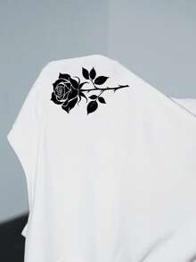 Lumivelle Women's White Floral Rose Pattern Fitted T-Shirt,Summer Chic Crew Neck Short Sleeve Contrast Embroidered Splice Casual Elegant Everyday Top - White - View 8