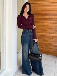 DAZY Áo len nữ dài tay dáng ôm, cổ bẻ, màu trơn, kiểu dáng thường ngày. - Màu Đỏ Sâu - Xem 3