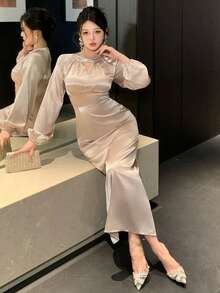 DAZY 女士优雅亮片拼接褶皱长连衣裙，春夏婚礼宾客礼服 - 粉色 - 查看 4