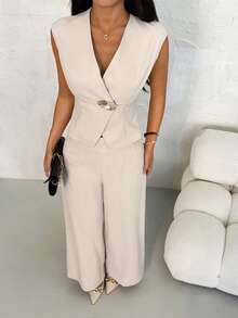 SHEIN PETITE 女士优雅简约休闲通勤日常金属扣泡泡袖露脐上衣和高腰阔腿裤两件套，杏色，教师装 - 杏色 - 查看 6