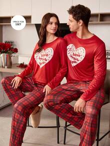 CoupledUp Valentine's Day Heart Print Contrast Color Plaid Long Sleeve Pants Men Pajama Set - Multicolor - View 1