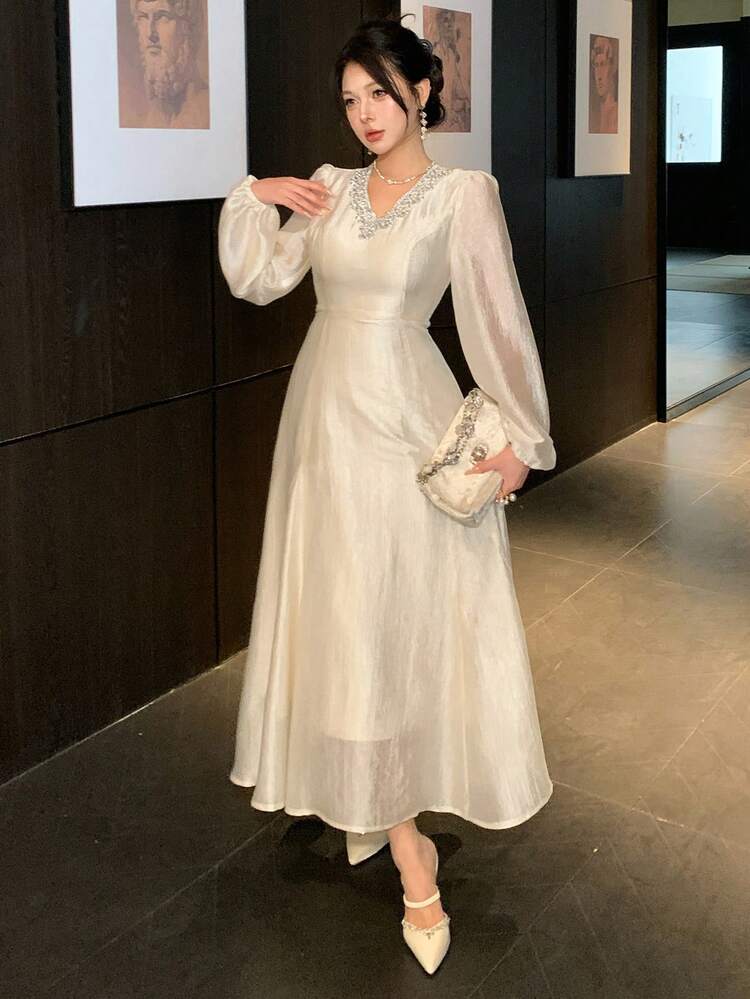 Women's Elegant Solid Color Lace Patchwork Puff Sleeve Long Dress, Spring/Summer Wedding Guest Dress Sundress