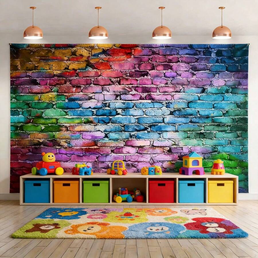 2D霓虹彩色背景横幅，仿砖墙设计多色霓虹背景，非常适合派对、拍照亭、婚礼、生日装饰 - 彩色 - 查看 1