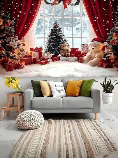 1件装、2件装2D平面圣诞快乐背景横幅，以童话风格的雪人为背景，配以红色窗帘、圣诞树、泰迪熊和礼物图案，圣诞装饰