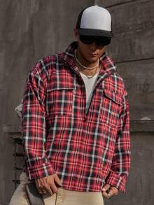 DAZY Spring Red Plaid Fabric Loose Men's Shacket Vacation - Red - View 3
