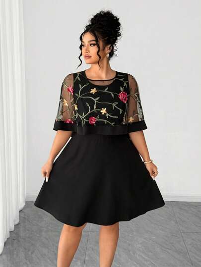Elenzga Plus Size Women Floral Embroidery Mesh Patchwork Elegant Dress