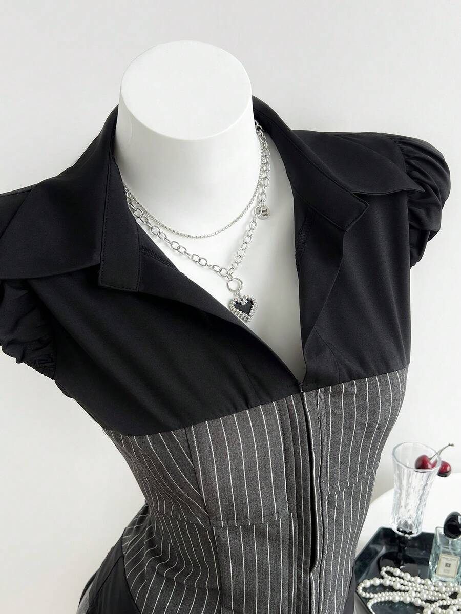 SHEIN Unity Women's Casual Black Patchwork Grey Striped Slim Fit Short Sleeve Minimalist Shirt - Black - View 1