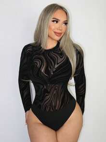 SHEIN PETITE Sexy Sheer Geometric Striped Mesh Flocked Fabric Bodysuit For Women, Spring/Summer - Black - View 1