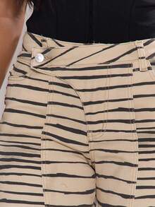 MUSERA 修身不对称低腰印花喇叭牛仔裤，酷女孩风格，外出性感，深红色冬季时尚单品 - 卡其色 - 查看 4