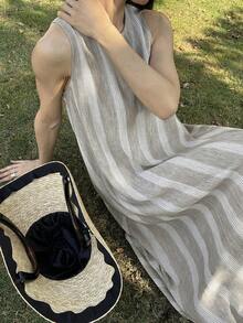 DAZY 女士休闲条纹无袖连衣裙，适合度假邮轮旅行，夏季连衣裙 - 棕色 - 查看 8