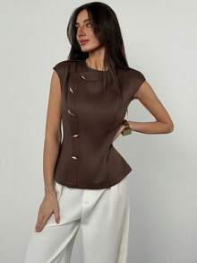 Aloruh Brown Minimalist Office Commuter Round Neck Sleeveless Cinched Waist Metal Decor Women Blazer, Spring/Summer,Going Out Top - Brown - View 10