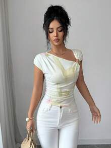 SHEIN Elenzya Áo kiểu bất đối xứng xếp ly nhuộm màu nước, thiết kế độc đáo với cúc kim loại trang trí, giúp thon gọn vòng eo, đa năng cho mùa hè, đi làm và dự tiệc. - Nhiều màu - Xem 5