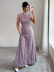 SHEIN Elenzya 女士无袖长连衣裙，性感蕾丝钩编时尚开衩修身连衣裙，法式复古优雅正式礼服，适合夏季日常通勤、派对、宴会和假日场合 - 紫色 - 查看 7