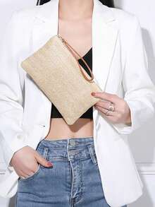 1 件时尚复古草编手拿包，女士款；1 件波西米亚风编织沙滩包，简约休闲手提包，夏季旅行托特包，非常适合度假、户外休闲、野餐、上学、大学、青少年背包，柔软拉链钱包，字母印花设计 - 彩色 - 查看 6