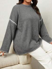 Plus Size Contrast Trim Drop Shoulder Sweater For Autumn & Winter - Coffee Brown - View 5