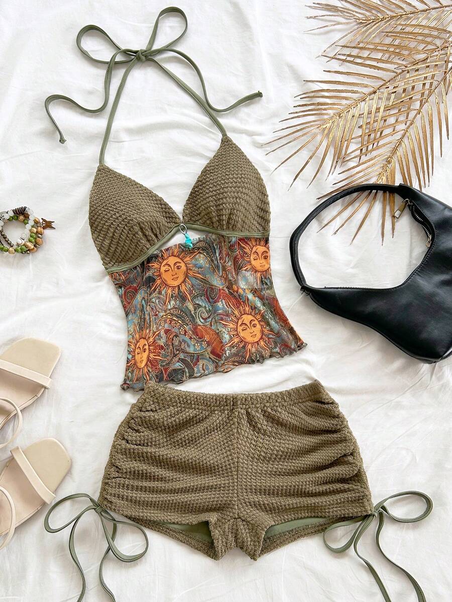 Soleia 女士复古度假风V领露背系带修身撞色上衣搭配低腰褶皱抽绳短裤两件套，适合派对、圣诞节、约会、夜店、海滩、邮轮、下午茶、波西米亚风、度假、秋季等场合。 - 彩色 - 查看 1