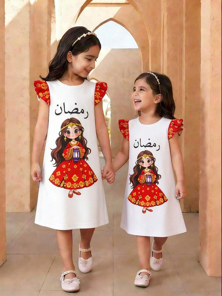 女童短袖连衣裙，公主图案印花撞色拼接花卉中长连衣裙，白色公主裙，适合外出和节日穿着，斋月佳丽 - 彩色 - 查看 1