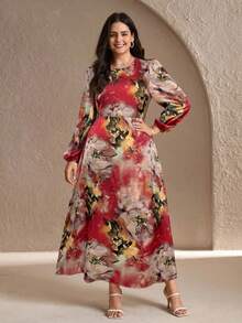 Ellevyn Plus Size Elegant Party Floral Print Dress - Red - View 3