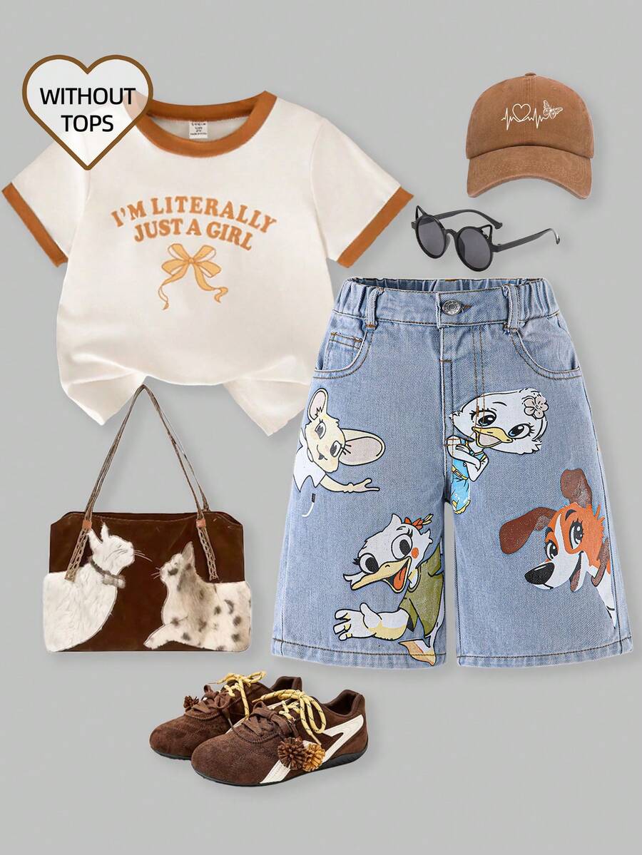 Kleine Mädchen Retro Verwaschen Weite Passform Weite Bein Denim-Shorts, Lässig & Vielseitig, Geeignet für den täglichen Gebrauch - Helle Waschung - Übersicht 1