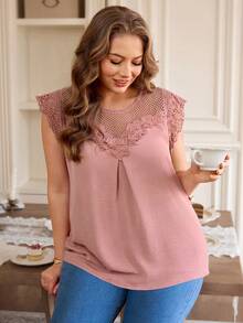 Rosumi 大码女式水溶性蕾丝束腰上衣 优雅衬衫 夏季度假装 - 粉色 - 查看 4